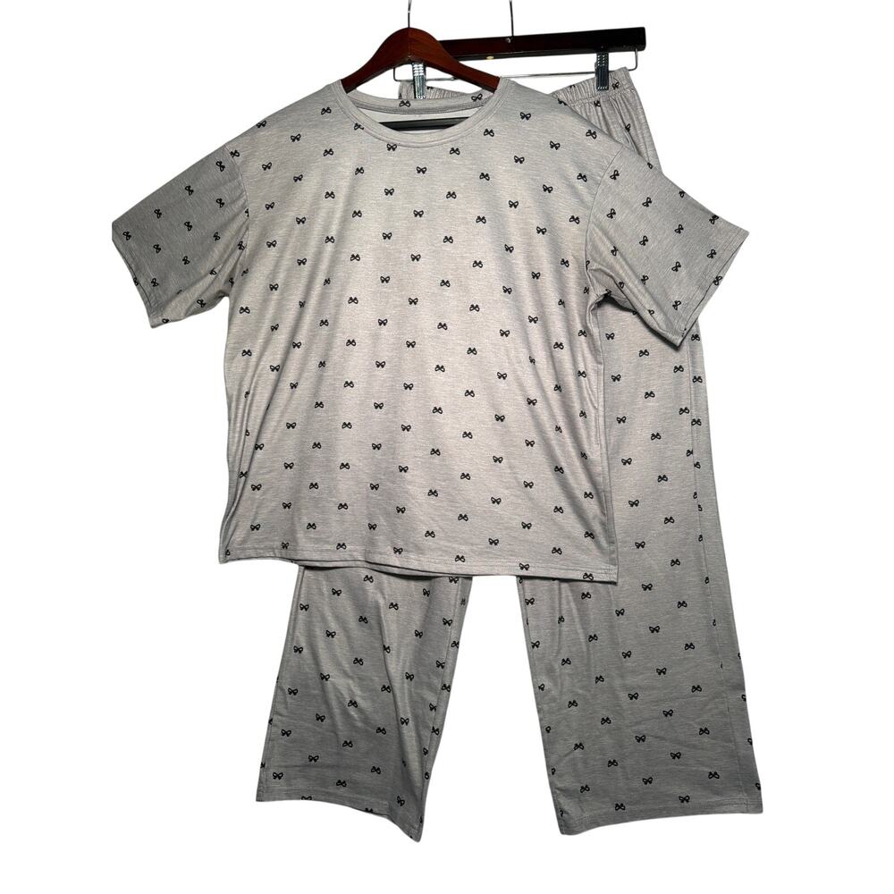 Dazy Pajama Set Womens XL Gray w/Bows SS Crew Neck Pants Sleepwear Lounge Cozy